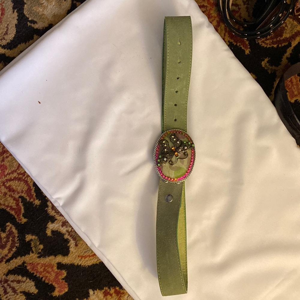 Green suede belt with jeweled butterfly buckle
